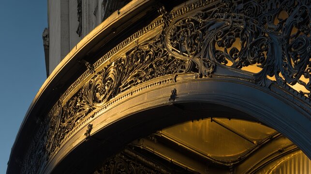 ironwork. Ornate Art Nouveau porch with intricate ironwork during golden hour. real-estate listings, architecture portfolios, designed for architectural facade and classical detail presentations.