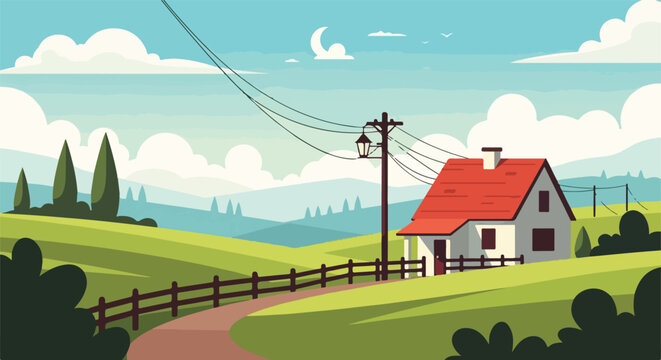 A serene countryside scene with a house and a winding road