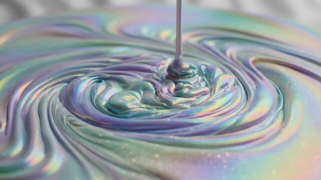 Iridescent Liquid Paint Swirl in Motion Creating Colorful Vortex.