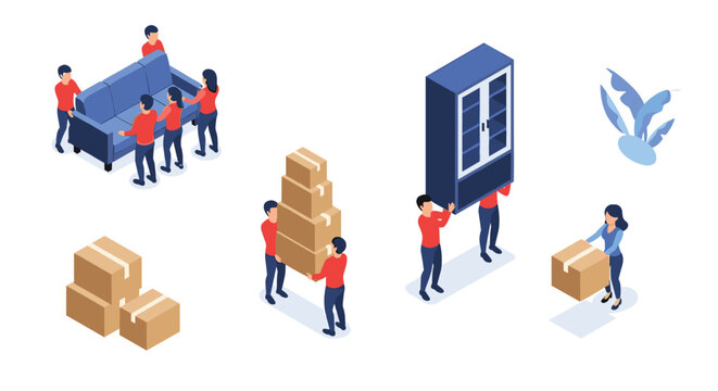 Isometric view of professional movers in red shirts carrying various furniture and cardboard boxes during a house relocation.