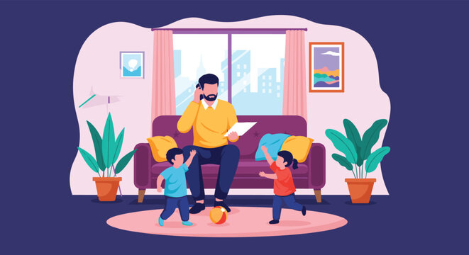 Stressed father working from home on his smartphone while his two young children play and run around him in the living room.