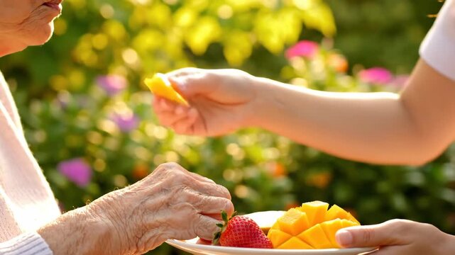 Sharing fresh mango and strawberries with a senior citizen outdoors in a sunny, lush garden setting.