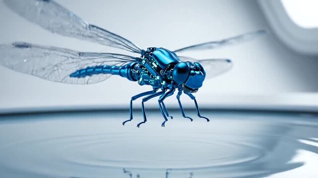 Futuristic blue robotic dragonfly perched on water surface with a sleek, minimalist background