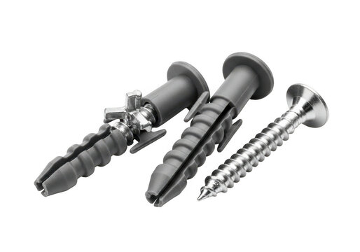 Two plastic wall plugs with expansion mechanism and one metal screw isolated on transparent background