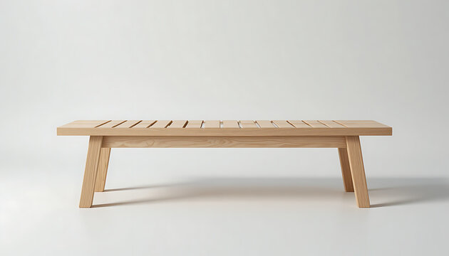 A lightcolored wooden bench with slats on a plain offwhite background