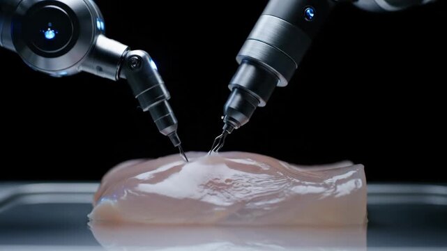 Robotic arms performing precise food processing on raw poultry fillet in a modern industrial technology setting.