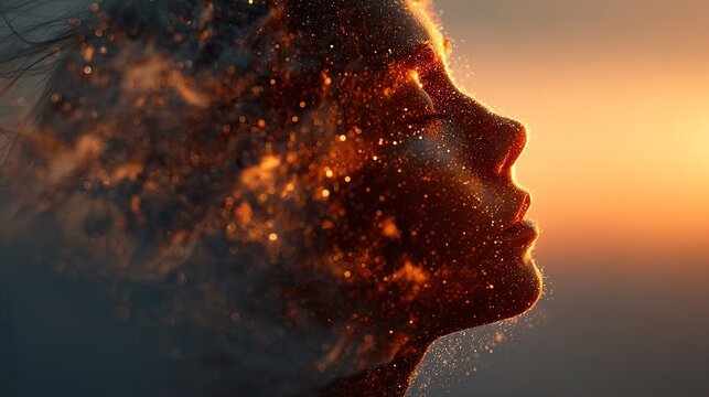 Ethereal Shimmering Woman Profile Dissolving into Golden Light Particles Abstract Conceptual Art