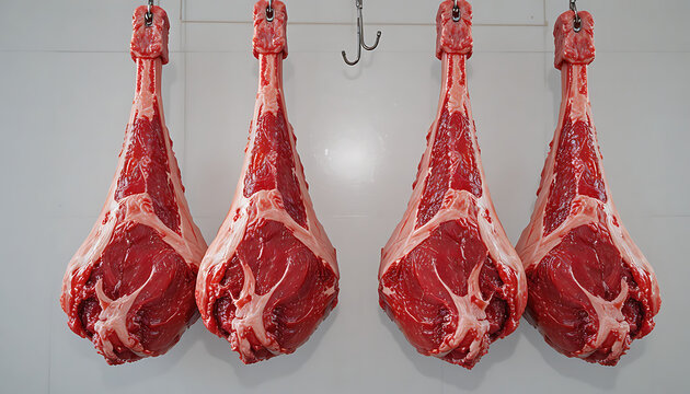 Raw beef legs hanging from hooks on a white wall in a butcher shop or meat processing facility with red meat and white fat visible