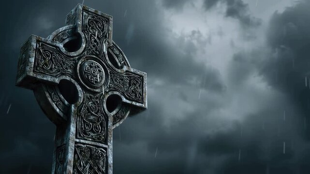 Ancient Celtic Cross Standing Against Dramatic Stormy Sky.