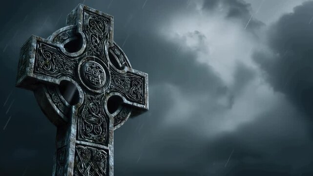 Ancient Celtic Cross Against Dramatic Stormy Sky.