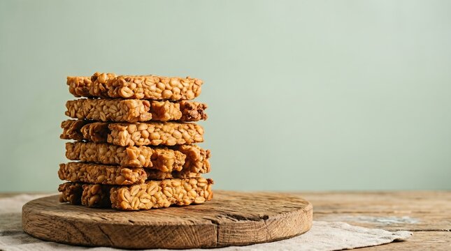 Stacked Fried Tempeh Batons Sage Green Background Copy Space