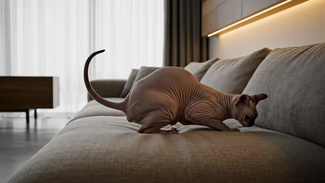 Sphynx cat gracefully jumps onto a comfortable couch in a modern living room.