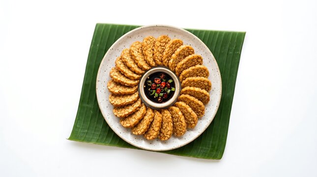 Overhead Fried Tempeh Pattern on Banana Leaf White Space