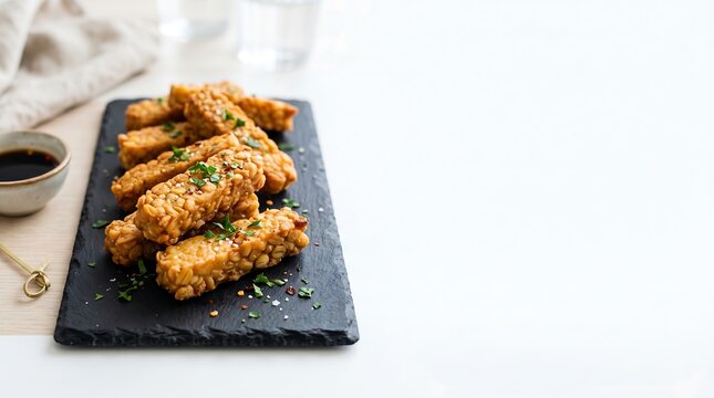 Fried Tempeh Fingers on Black Slate White Copy Space