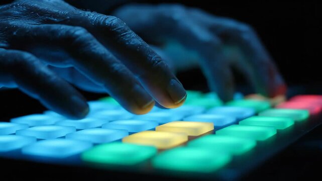 Close-up shot of hands typing on a glowing blue keyboard, symbolizing digital technology and modern coding work in a futuristic setting.