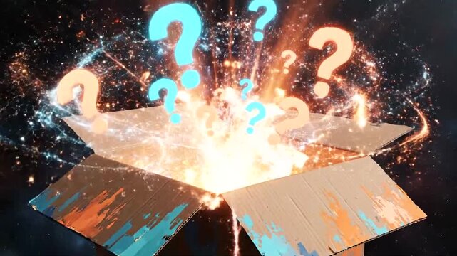 A mysterious box bursting with vibrant energy and question marks in a cosmic background