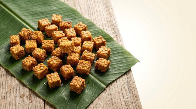 Crispy Fried Tempeh Cubes on Banana Leaf Cream Copy Space