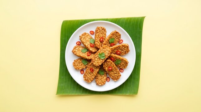 Overhead Fried Tempeh with Chili Yellow Background Copy Space