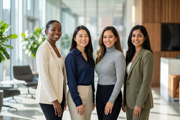 Obraz premium Diverse group of four successful businesswomen standing together in a modern office