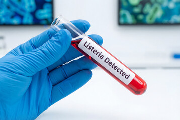 Obraz premium Listeria detected in a blood sample tube held by a researcher in a microbiology lab