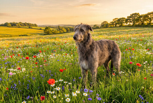 Scottish deerhound dog standing in a beautiful field of wildflowers during sunset