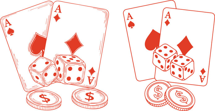 Casino game elements with ace cards dice and coins for gambling entertainment.