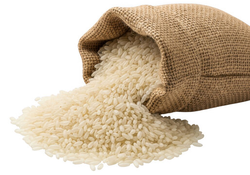 White rice spilling out of a burlap sack isolated on transparent background