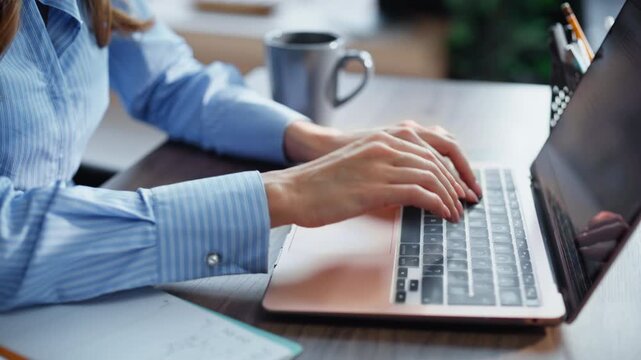 Business analyst typing report looking laptop screen satisfied work closeup. 
