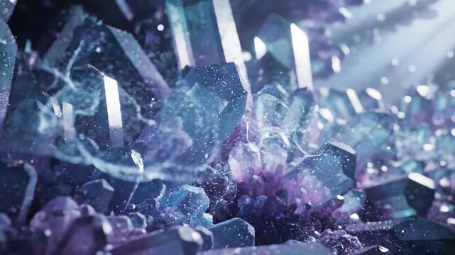 Macro view of glowing purple and blue crystals forming an abstract mineral background. The scene captures powerful, ethereal crystal energy in a mystical fantasy setting.