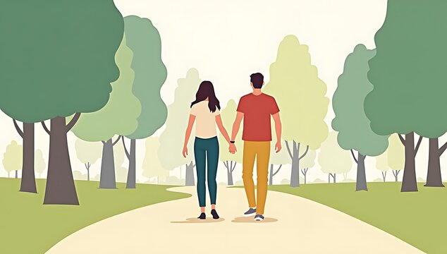 A flat vector illustration of a couple walking side by side in a park, trees and pathway background, simple composition
