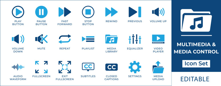 Multimedia player and media control icon set featuring play, pause, stop, skip, volume, equalizer, subtitles, full screen, playlist, and audio wave symbols..