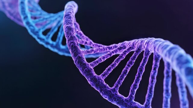 A detailed 3D rendering of a glowing DNA double helix structure with visible base pairs and connecting strands on a dark blue and purple gradient background with depth of field.