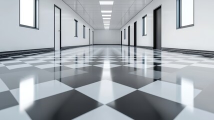 Obraz premium Tiled corridor geometric pattern of black and white tiles creates a striking visual in this long empty corridor