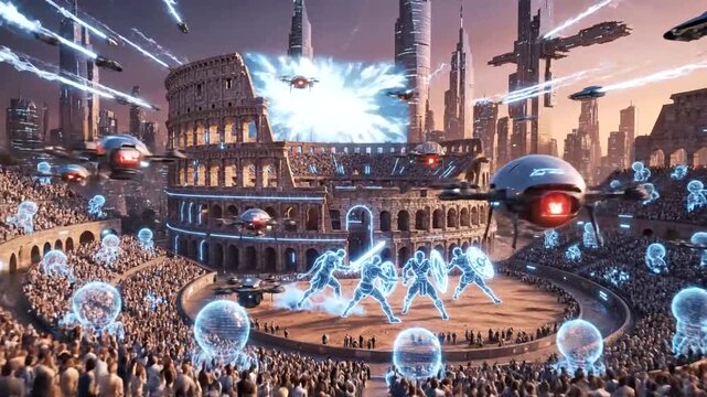 Futuristic battle scene featuring holographic warriors and a lion in front of the Colosseum