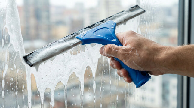 Hand using window squeegee to clean glass surface with soap  