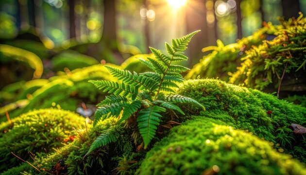 Sunlight filters through a lush forest, illuminating vibrant green ferns and moss-covered logs.
