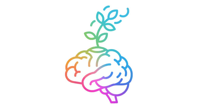Vibrant rainbow brain illustration with a thriving plant emerging, representing mental growth,