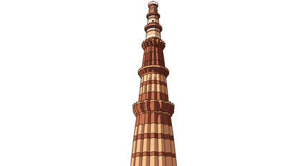 The Qutub Minar, a well-known landmark in India, stands tall with its intricate red sandstone and marble detailing, captured in a full shot against a stark white background © Hino