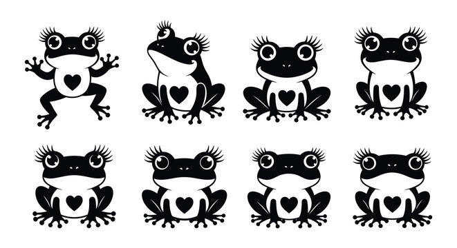 Eight black silhouette frogs with long eyelashes and heart shaped bellies