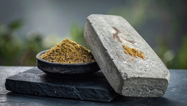 Ancient grinding stone with crushed spices and a small mound of powder ready for culinary preparation