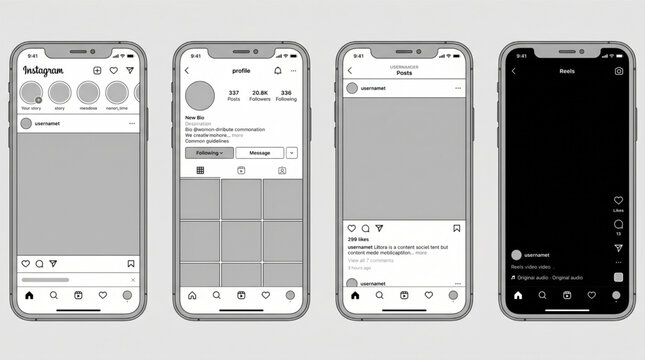Smartphone mockup set showing Instagram social media app interface screens including home feed, user profile, single post layout, and reels video player, minimalist mobile UI wireframe template.
