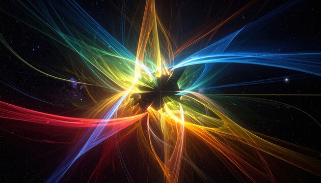An abstract visualization of expanding light threads in a vibrant spectrum, depicting a conceptual framework with energetic outward motion