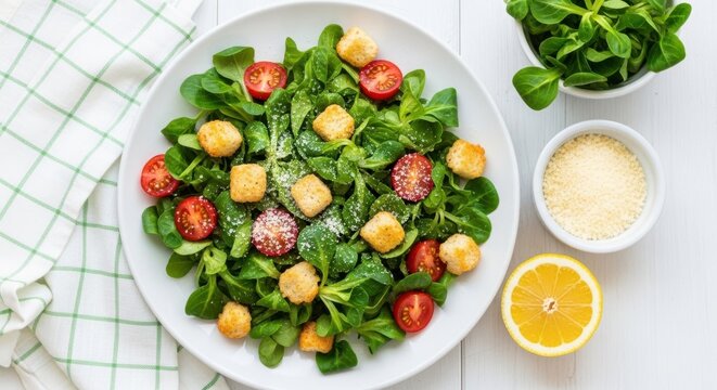 Fresh salad with lambs lettuce, cherry tomatoes, and croutons in a white bowl on a wooden table