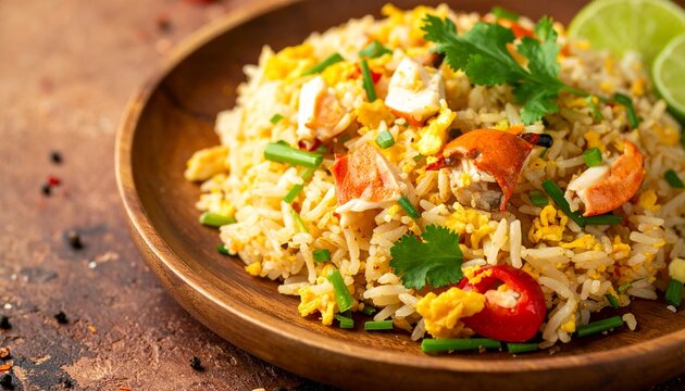 Crab fried rice on a white plate, golden grains with fluffy texture, generous lump crab meat, scrambled egg bits, green onions, cilantro sprigs, lime wedge, cracked black pepper, Thai-Chinese style,.