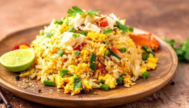 Crab fried rice on a white plate, golden grains with fluffy texture, generous lump crab meat, scrambled egg bits, green onions, cilantro sprigs, lime wedge, cracked black pepper, Thai-Chinese style,.