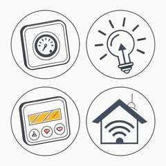 Fototapeta premium A set of four modern icons representing smart home technology and innovation