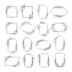 Obraz premium Hand-drawn floral frames elegant rustic black and white sketch illustration vector set for wedding invitations and branding.