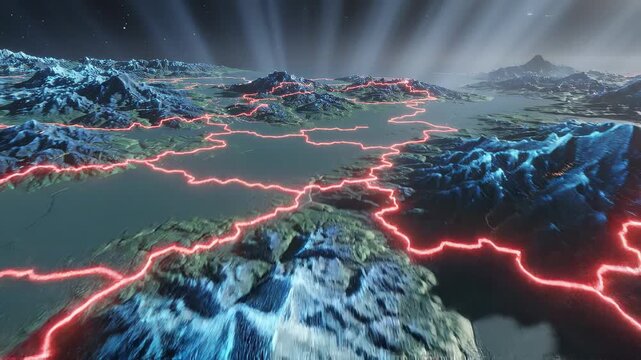 Abstract Digital Landscape with Glowing Borders and Mountain Peaks.