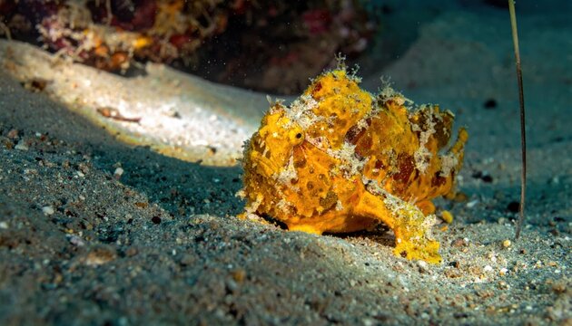 Brightly Colored Yellow Frogfish Camouflaged on Sandy Ocean Bottom Amidst Reef Textures