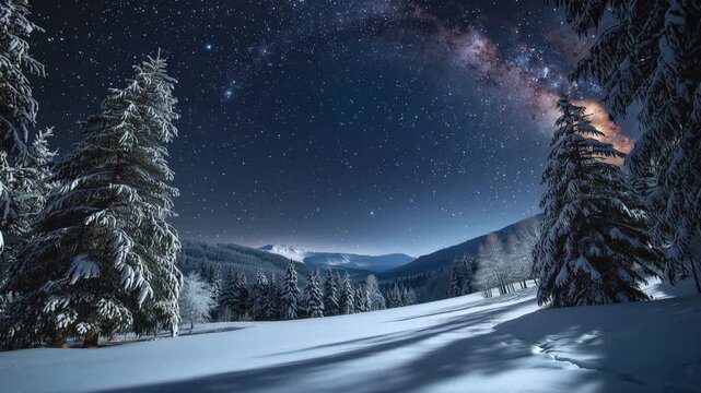 月明かりに輝く雪の森と淡い天の川が架かる冬の谷、人物なし
